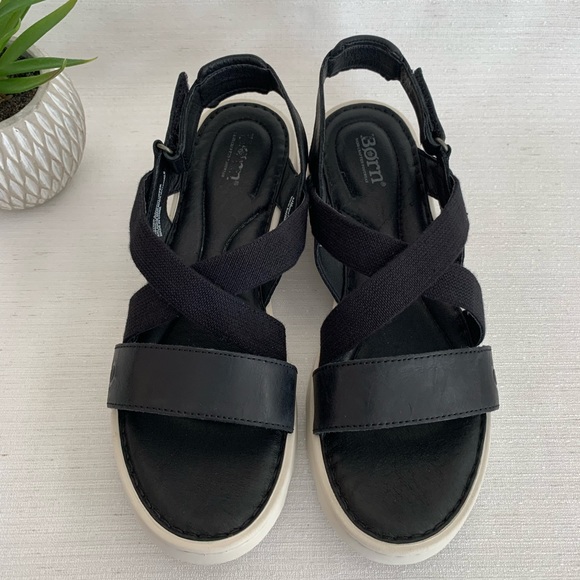 Born Shoes Born Patriotic Black Leather Ankle Strap Platform